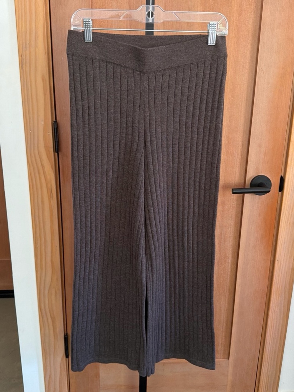Any Body Ribbed Wide-Leg Knit Crop Ankle Pants in Dark Brown
